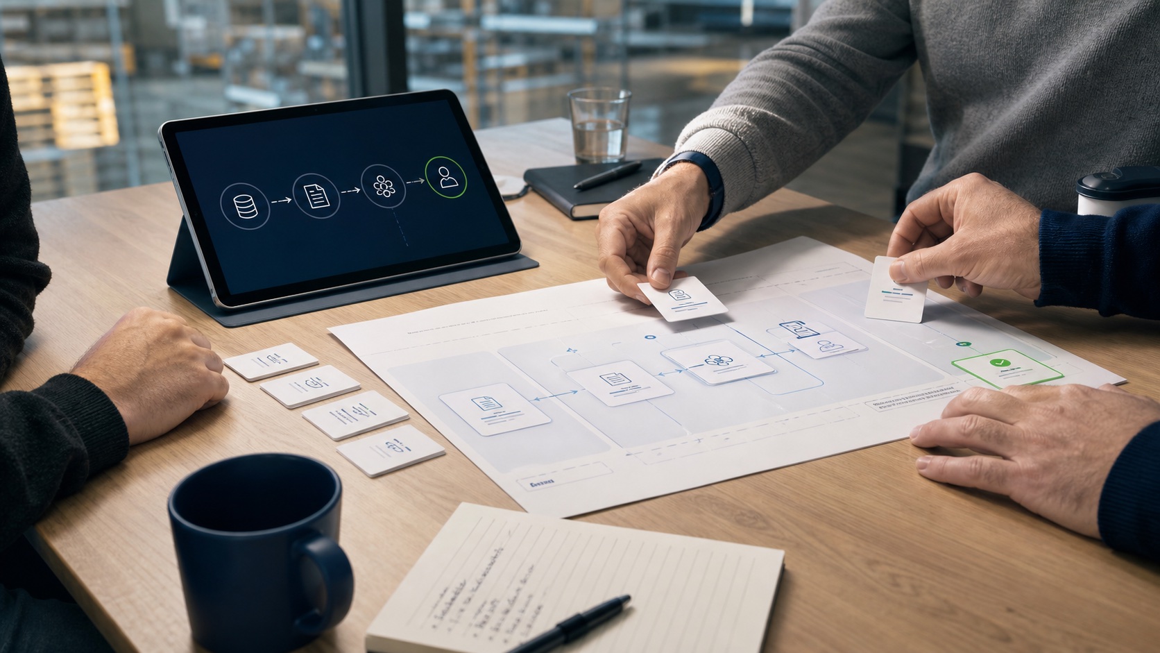 A calm process-analysis workspace with approved sources, one workflow map and a clearly marked review point