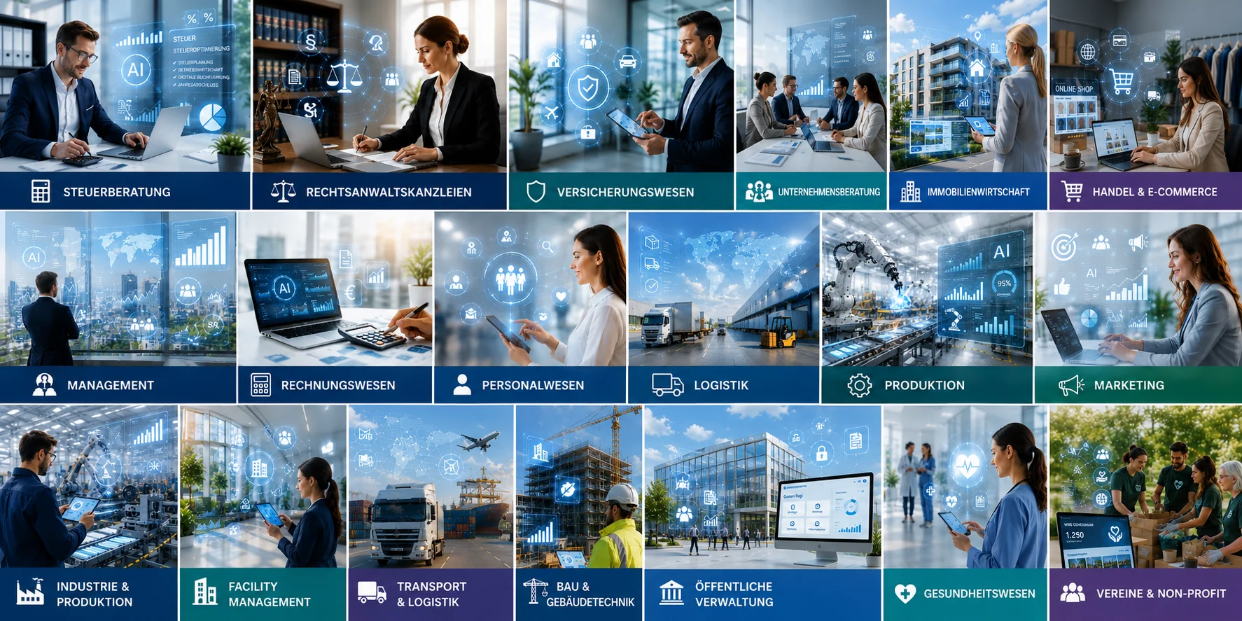 Branchen-Übersicht: Steuerberatung, Rechtsanwaltskanzleien, Versicherungswesen, Unternehmensberatung, Immobilienwirtschaft, Handel, Management, Rechnungswesen, Personalwesen, Logistik, Produktion, Marketing, Industrie, Facility Management, Transport, Bau, Öffentliche Verwaltung, Gesundheitswesen, Vereine und Non-Profit