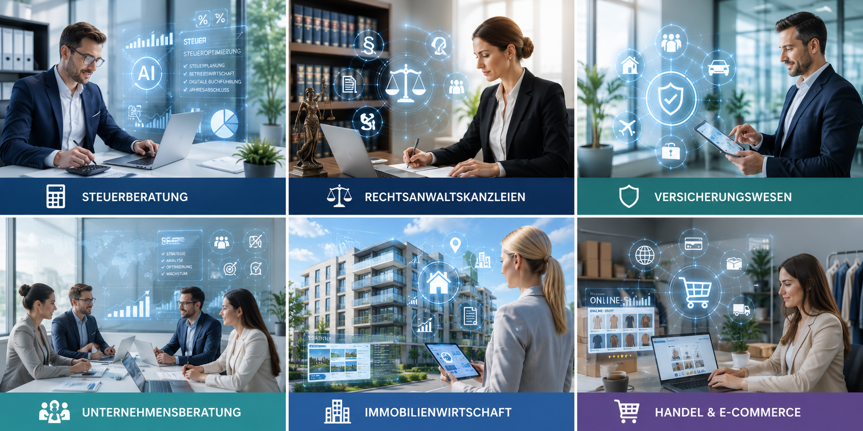 Finanz und Beratung: Steuerberatung, Rechtsanwaltskanzleien, Banken & Versicherungen, Medien & Kreativwirtschaft, Immobilienwirtschaft, Gastronomie & Tourismus