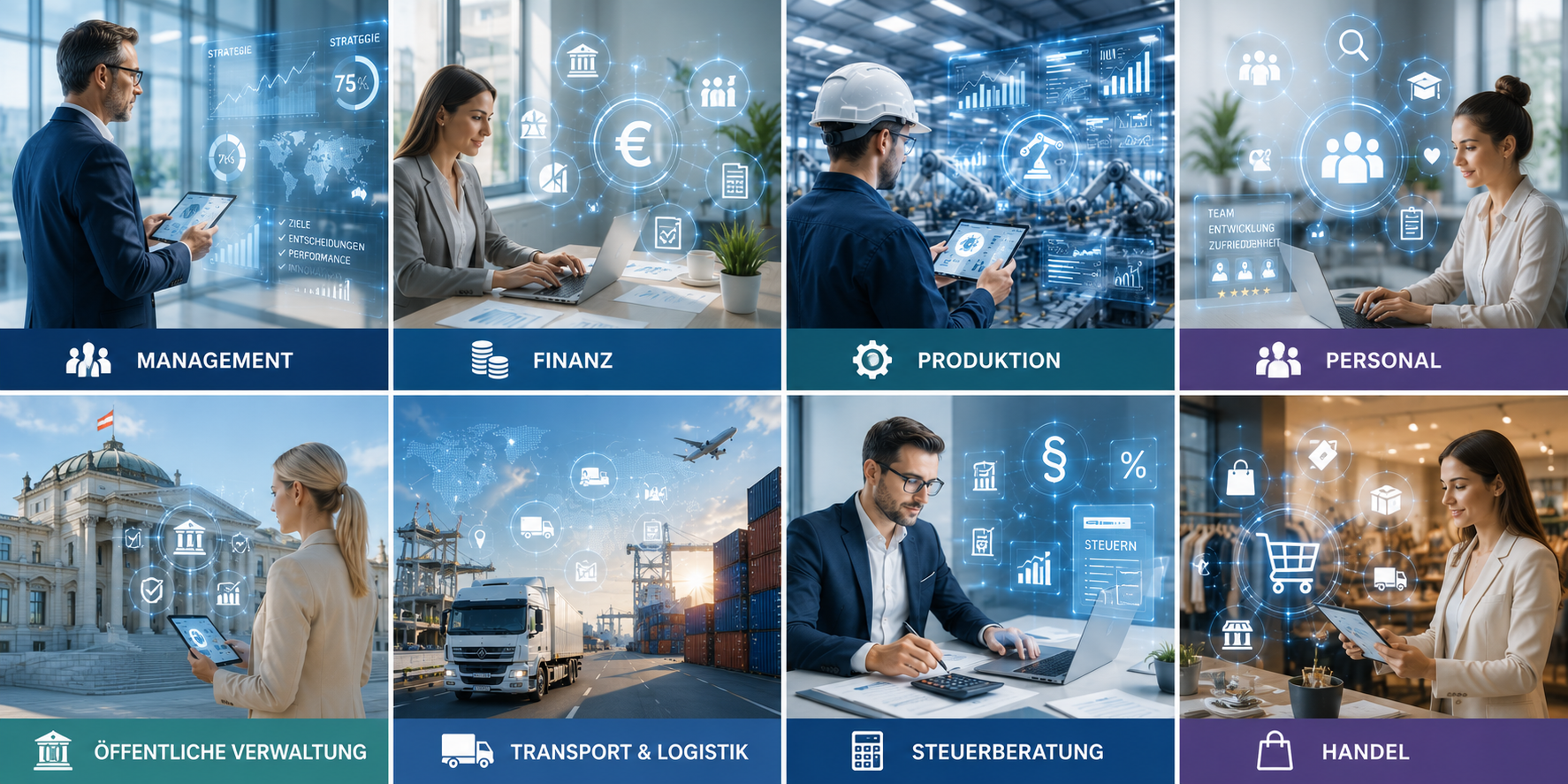 Branchen-Übersicht: Steuerberatung, Rechtsanwaltskanzleien, Versicherungswesen, Unternehmensberatung, Immobilienwirtschaft, Handel, Management, Rechnungswesen, Personalwesen, Logistik, Produktion, Marketing, Industrie, Facility Management, Transport, Bau, Öffentliche Verwaltung, Gesundheitswesen, Vereine und Non-Profit