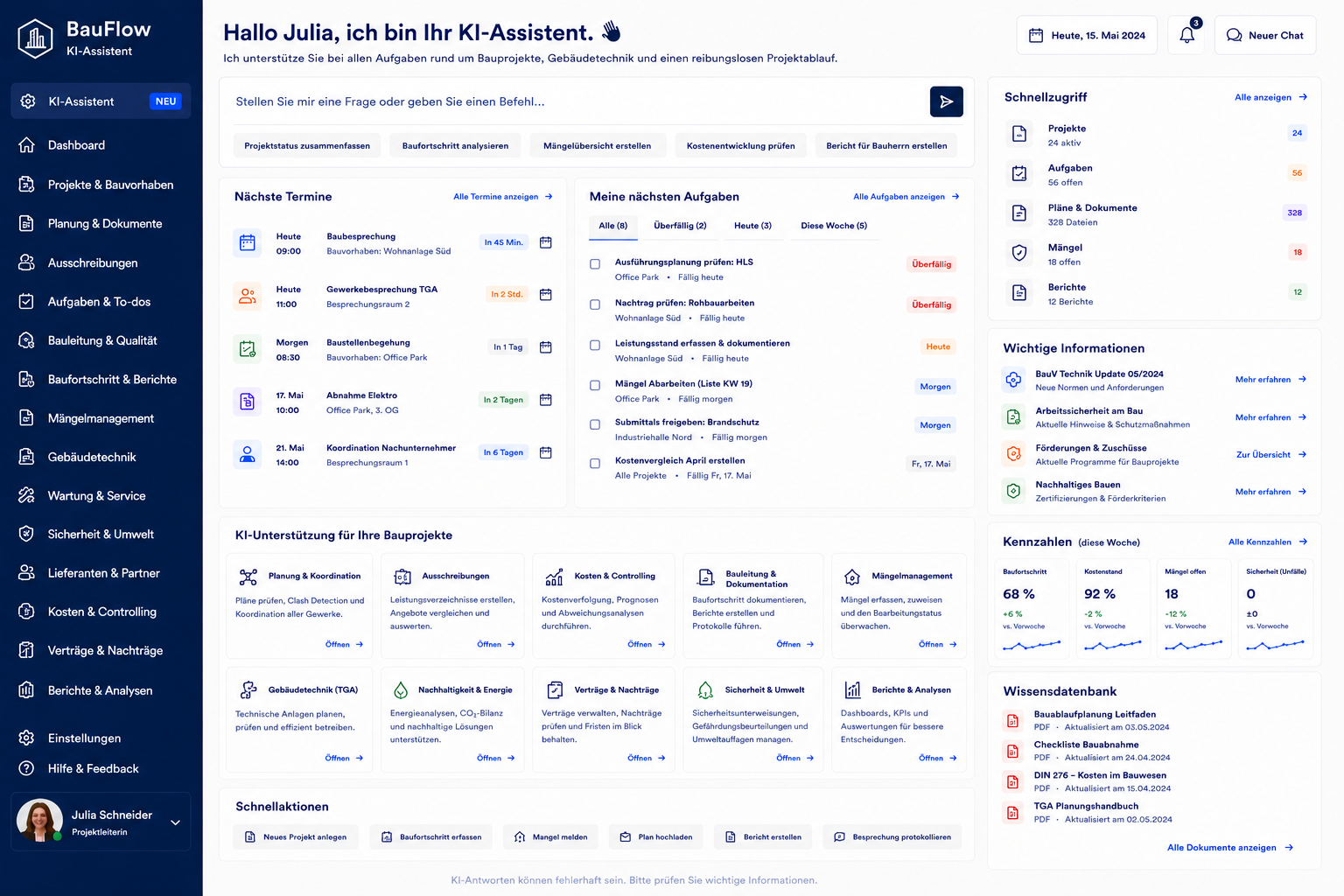 KI-Assistent für Bau und Gebäudetechnik – Plan-, Vertrags- und Bauablauffragen