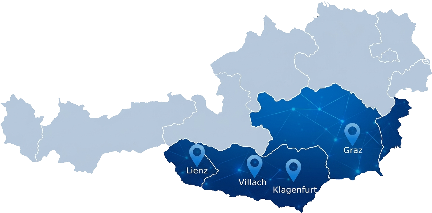 Karte von Südösterreich mit Fokus auf Graz, Villach, Klagenfurt und Lienz