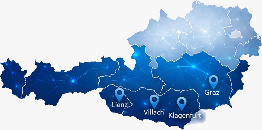 Karte von Südösterreich mit den Standorten Graz, Klagenfurt, Villach und Lienz