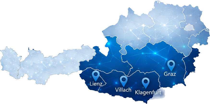 Map of Southern Austria with a focus on Graz, Villach, Klagenfurt and Lienz